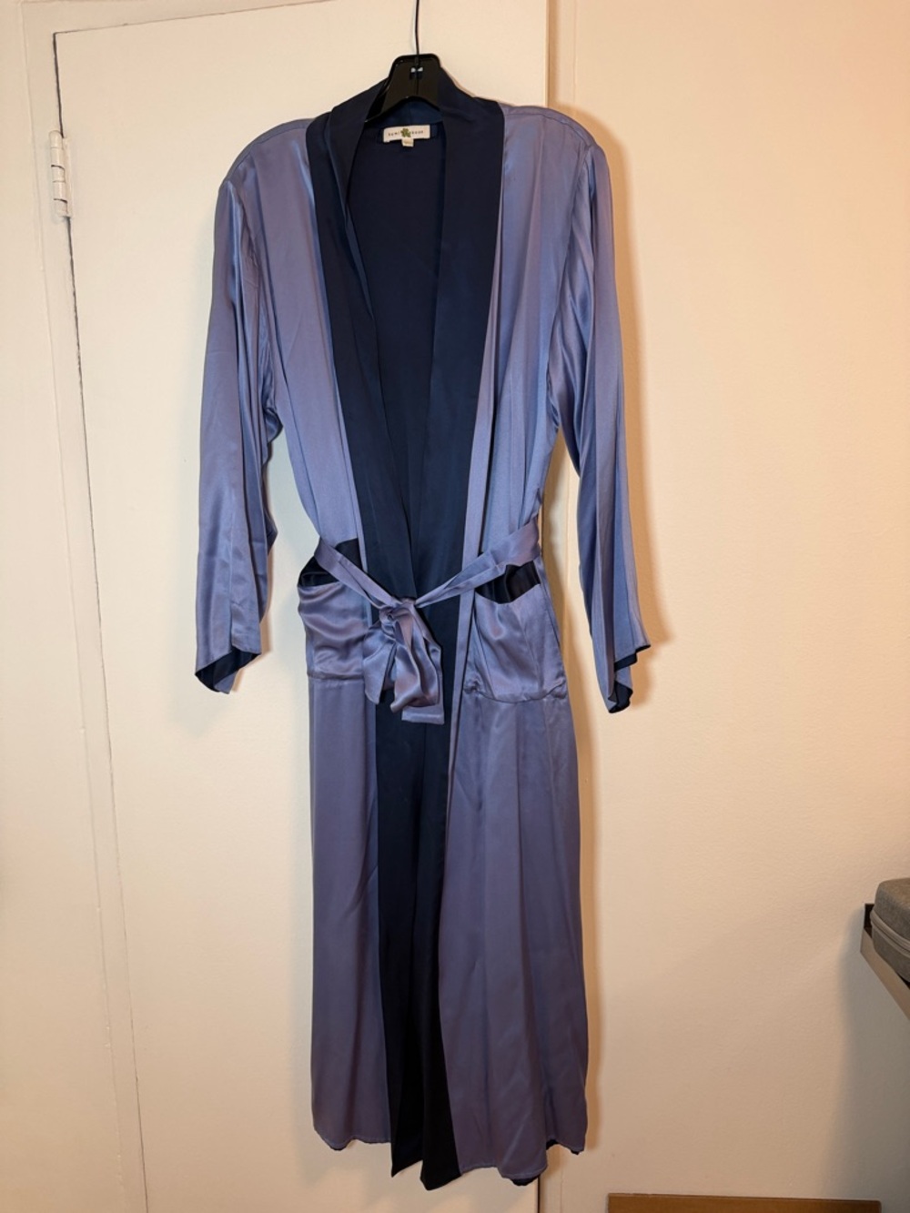 Silky Shawl Collar Long Robe in Lavender with Navy Trim